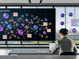 Modernes Büro mit Marketer, der CRM-Daten am Laptop analysiert. Große Datenvisualisierungen inklusive Diagrammen, Heatmaps und Netzwerk-Cluster auf dem Bildschirm sowie Post-its mit Fachbegriffen. Im Hintergrund digitale Verbindungen und Icons für Automatisierung, KI und Cloud.
