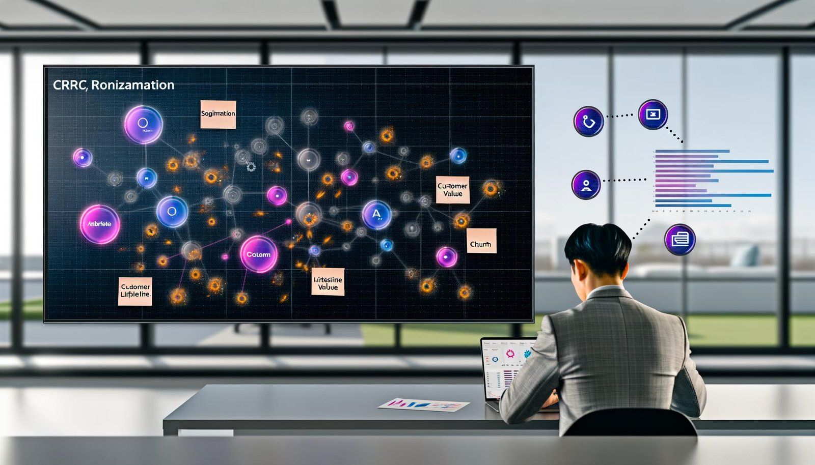 Modernes Büro mit Marketer, der CRM-Daten am Laptop analysiert. Große Datenvisualisierungen inklusive Diagrammen, Heatmaps und Netzwerk-Cluster auf dem Bildschirm sowie Post-its mit Fachbegriffen. Im Hintergrund digitale Verbindungen und Icons für Automatisierung, KI und Cloud.