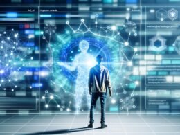 Person vor Glaswand mit holographischen Netzwerken, leuchtenden Datenpunkten und KI-Visualisierungen in kühlem Farbschema, digital und futuristisch gestaltet.