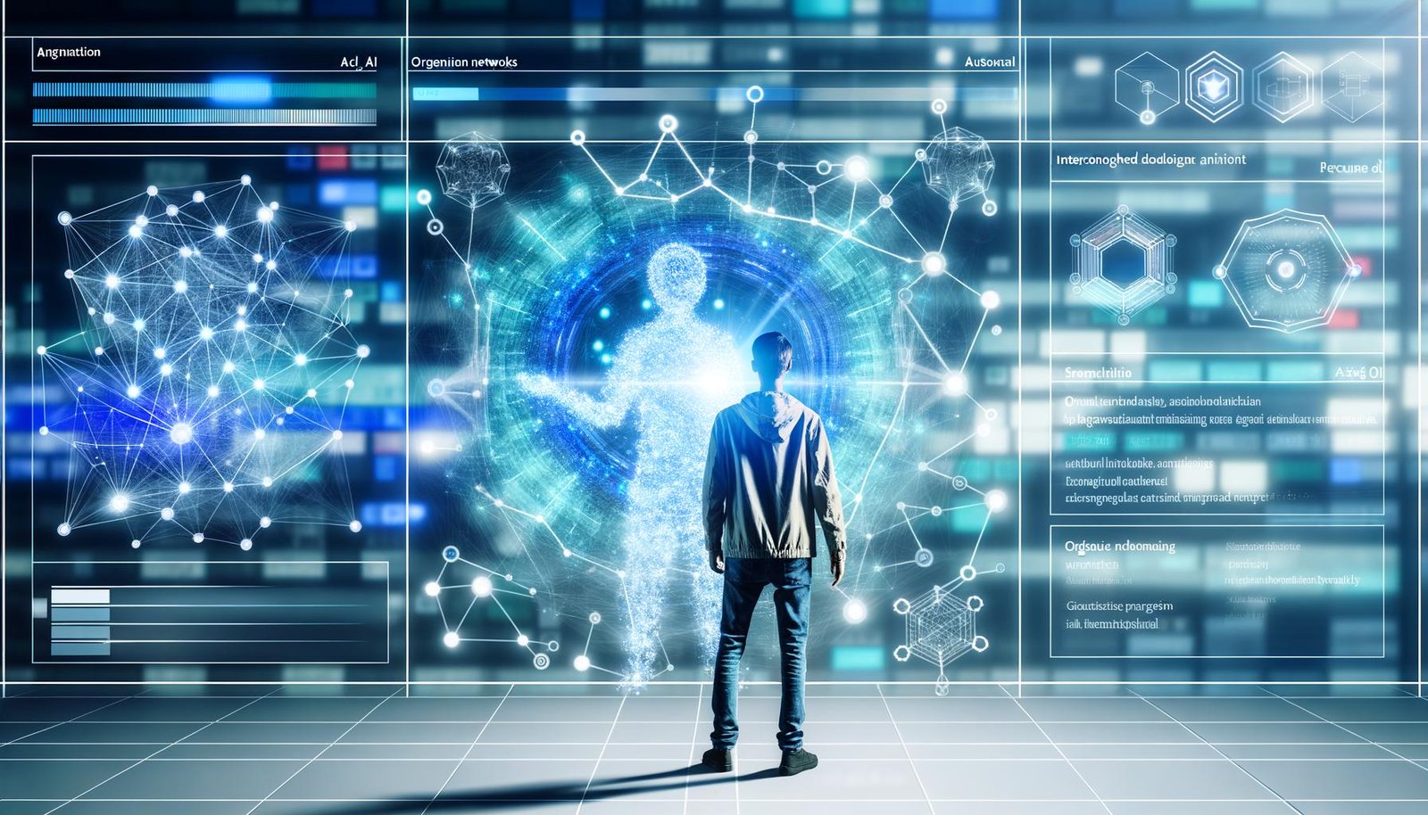 Person vor Glaswand mit holographischen Netzwerken, leuchtenden Datenpunkten und KI-Visualisierungen in kühlem Farbschema, digital und futuristisch gestaltet.