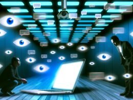 Düsteres Titelbild: Eine besorgte Person blickt auf einen leuchtenden Laptop, umgeben von schemenhaften Kameras, Zahlen und Beobachtungssymbolen im blau-grünen Licht.