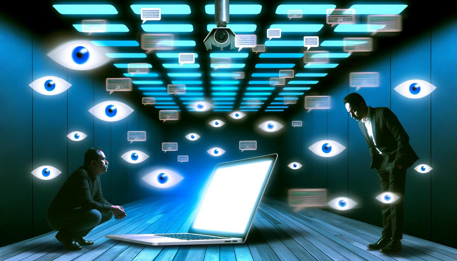 Düsteres Titelbild: Eine besorgte Person blickt auf einen leuchtenden Laptop, umgeben von schemenhaften Kameras, Zahlen und Beobachtungssymbolen im blau-grünen Licht.