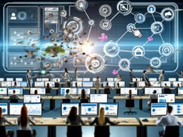 Futuristisches Büro mit dynamischen Datenströmen, Analysten umgeben von vernetzten Monitoren und fortschrittlichem CRM-System mit KI-Analysen