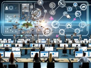 Futuristisches Büro mit dynamischen Datenströmen, Analysten umgeben von vernetzten Monitoren und fortschrittlichem CRM-System mit KI-Analysen
