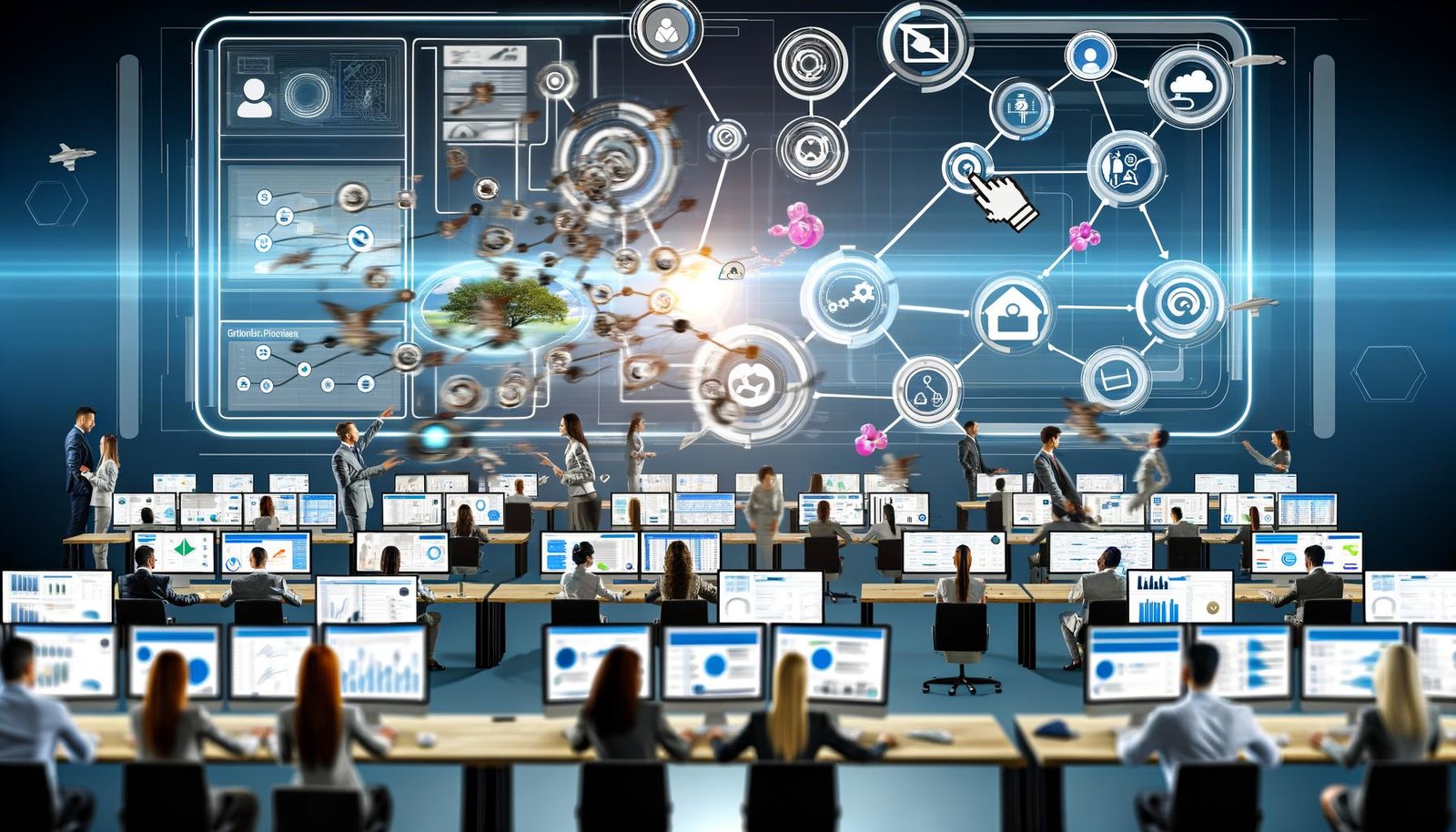 Futuristisches Büro mit dynamischen Datenströmen, Analysten umgeben von vernetzten Monitoren und fortschrittlichem CRM-System mit KI-Analysen