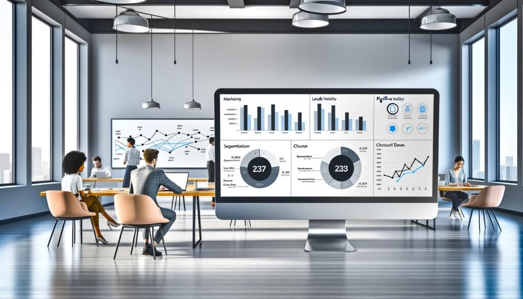 Minimalistisches, modernes Büro mit großem Monitor, der ein CRM Dashboard mit vielfältigen Datenvisualisierungen und KPI-Charts zeigt. Im Hintergrund kollaborieren Mitarbeiter an Laptops und Whiteboards.