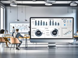 Minimalistisches, modernes Büro mit großem Monitor, der ein CRM Dashboard mit vielfältigen Datenvisualisierungen und KPI-Charts zeigt. Im Hintergrund kollaborieren Mitarbeiter an Laptops und Whiteboards.