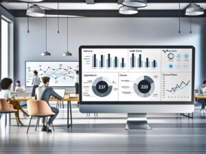 Minimalistisches, modernes Büro mit großem Monitor, der ein CRM Dashboard mit vielfältigen Datenvisualisierungen und KPI-Charts zeigt. Im Hintergrund kollaborieren Mitarbeiter an Laptops und Whiteboards.