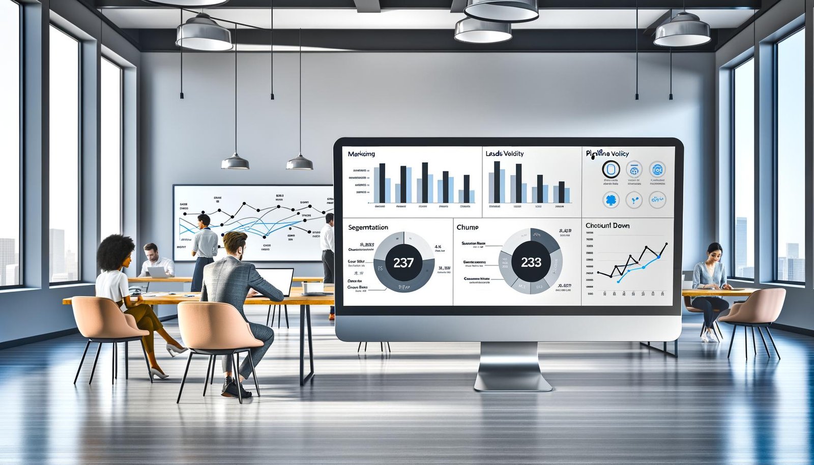 Minimalistisches, modernes Büro mit großem Monitor, der ein CRM Dashboard mit vielfältigen Datenvisualisierungen und KPI-Charts zeigt. Im Hintergrund kollaborieren Mitarbeiter an Laptops und Whiteboards.