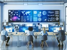 Mitarbeitende in modernem Büro analysieren Daten an großen digitalen Dashboards und Whiteboards mit technischen Geräten auf dem Tisch