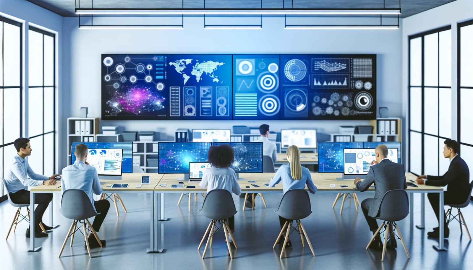 Mitarbeitende in modernem Büro analysieren Daten an großen digitalen Dashboards und Whiteboards mit technischen Geräten auf dem Tisch