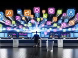 Modernes Büro mit Laptops und bunten Daten-Dashboards, visuelle Datenflüsse zwischen Software-Icons wie Salesforce und HubSpot. Marketer arbeitet am zentralen Dashboard, entfernt Datenmüll.