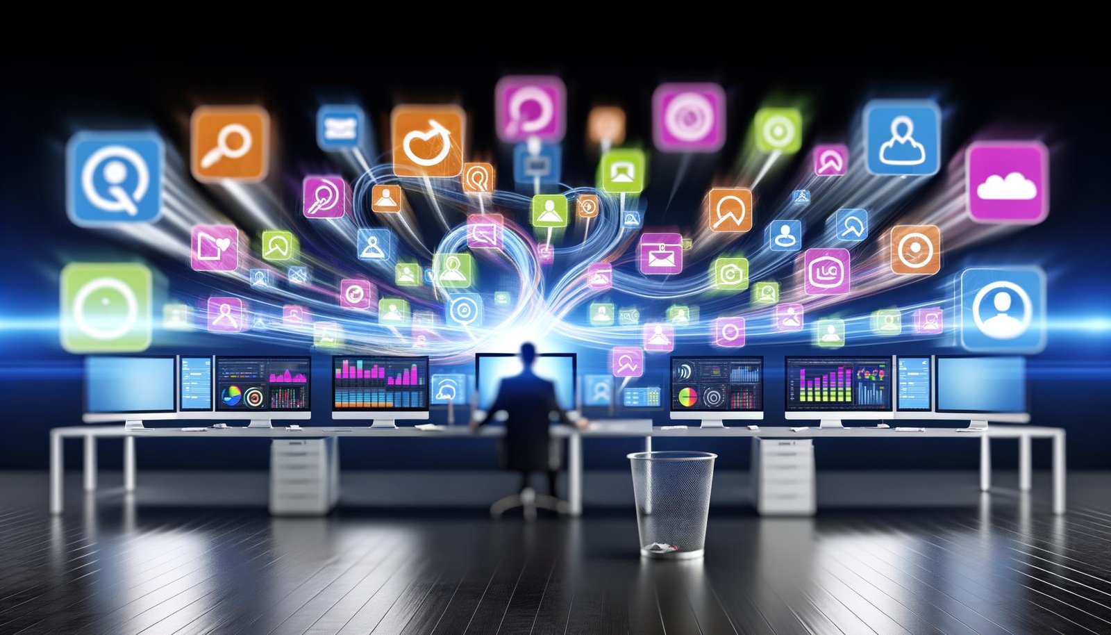 Modernes Büro mit Laptops und bunten Daten-Dashboards, visuelle Datenflüsse zwischen Software-Icons wie Salesforce und HubSpot. Marketer arbeitet am zentralen Dashboard, entfernt Datenmüll.