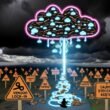 Metaphorisches Schlachtfeld am Himmel mit Serverless- und No Ops-Begriffen, Cloud-Anbieter-Logos, gestresstem Entwickler, Notion-Symbolen, verworrenen API-Verbindungen und Warnhinweisen wie Vendor-Lock-in, Latenz und versteckte Kosten.