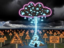 Metaphorisches Schlachtfeld am Himmel mit Serverless- und No Ops-Begriffen, Cloud-Anbieter-Logos, gestresstem Entwickler, Notion-Symbolen, verworrenen API-Verbindungen und Warnhinweisen wie Vendor-Lock-in, Latenz und versteckte Kosten.