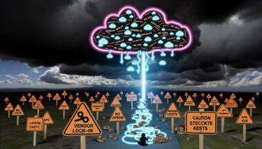 Metaphorisches Schlachtfeld am Himmel mit Serverless- und No Ops-Begriffen, Cloud-Anbieter-Logos, gestresstem Entwickler, Notion-Symbolen, verworrenen API-Verbindungen und Warnhinweisen wie Vendor-Lock-in, Latenz und versteckte Kosten.