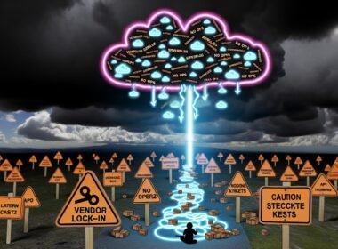 Metaphorisches Schlachtfeld am Himmel mit Serverless- und No Ops-Begriffen, Cloud-Anbieter-Logos, gestresstem Entwickler, Notion-Symbolen, verworrenen API-Verbindungen und Warnhinweisen wie Vendor-Lock-in, Latenz und versteckte Kosten.