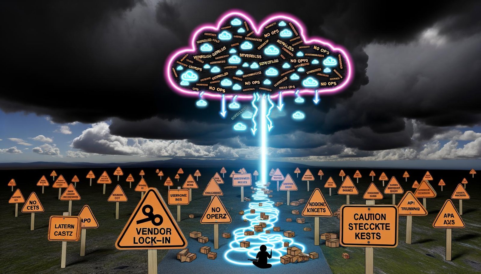 Metaphorisches Schlachtfeld am Himmel mit Serverless- und No Ops-Begriffen, Cloud-Anbieter-Logos, gestresstem Entwickler, Notion-Symbolen, verworrenen API-Verbindungen und Warnhinweisen wie Vendor-Lock-in, Latenz und versteckte Kosten.
