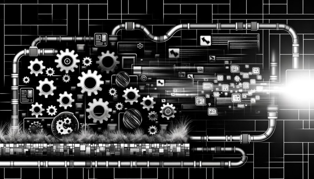 Illustration eines Notion-Workspaces, der durch Zahnräder und Automatisierung zu einer schnellen, SEO-freundlichen Website mit HTML-Code und Analyse-Symbolen wird.