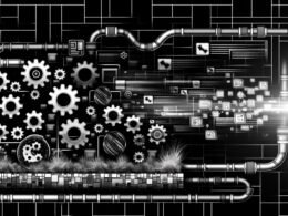 Illustration eines Notion-Workspaces, der durch Zahnräder und Automatisierung zu einer schnellen, SEO-freundlichen Website mit HTML-Code und Analyse-Symbolen wird.