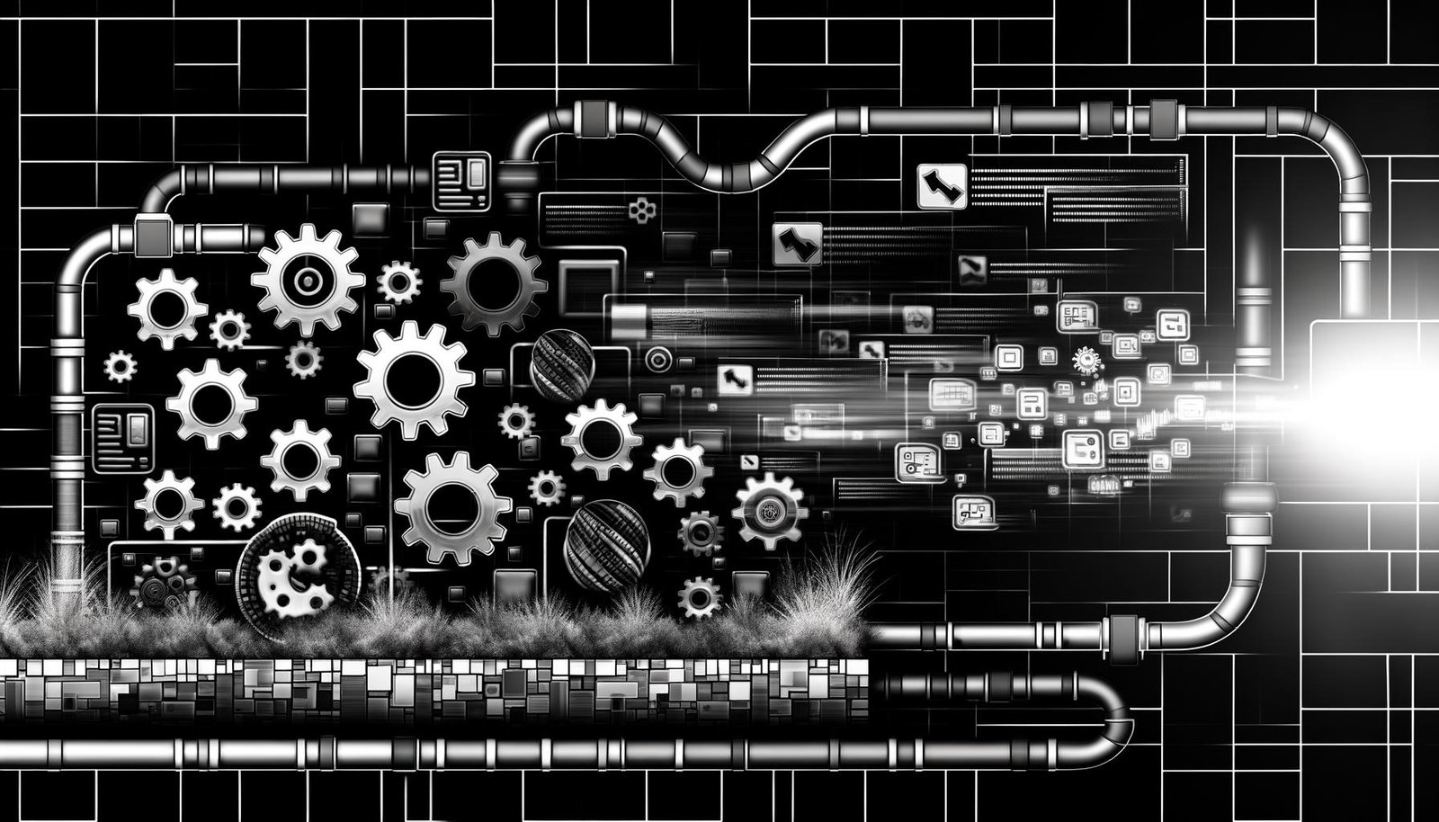 Illustration eines Notion-Workspaces, der durch Zahnräder und Automatisierung zu einer schnellen, SEO-freundlichen Website mit HTML-Code und Analyse-Symbolen wird.