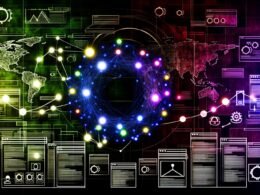 Moderne Magazin-Cover-Illustration mit SEO-Dashboard, Netzwerk aus leuchtenden Knotenpunkten, Knowledge-Graphen und Suchmaschinen-Strukturen, akzentuiert in Neonfarben.