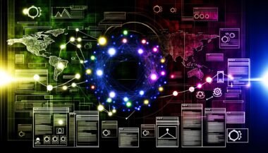 Moderne Magazin-Cover-Illustration mit SEO-Dashboard, Netzwerk aus leuchtenden Knotenpunkten, Knowledge-Graphen und Suchmaschinen-Strukturen, akzentuiert in Neonfarben.