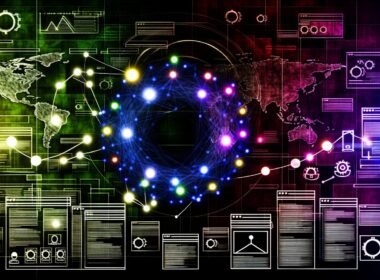 Moderne Magazin-Cover-Illustration mit SEO-Dashboard, Netzwerk aus leuchtenden Knotenpunkten, Knowledge-Graphen und Suchmaschinen-Strukturen, akzentuiert in Neonfarben.