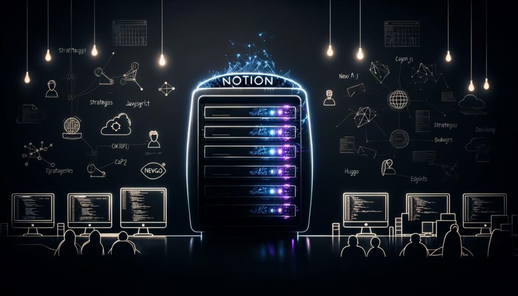 Server-Rack und Programmiermonitor mit JavaScript-Code, API-Calls und geöffnetem Notion-Workspace; Icons von Next.js, Hugo und Eleventy, verbunden mit Notion-Datenbank; im Hintergrund Entwickler:innen bei der Analyse von SEO-Statistiken und Diagrammen.