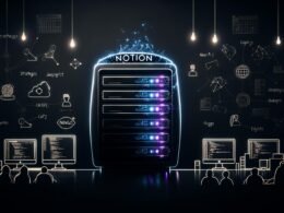 Server-Rack und Programmiermonitor mit JavaScript-Code, API-Calls und geöffnetem Notion-Workspace; Icons von Next.js, Hugo und Eleventy, verbunden mit Notion-Datenbank; im Hintergrund Entwickler:innen bei der Analyse von SEO-Statistiken und Diagrammen.