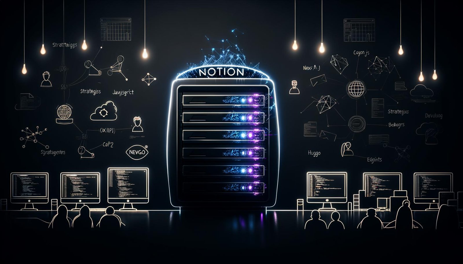 Server-Rack und Programmiermonitor mit JavaScript-Code, API-Calls und geöffnetem Notion-Workspace; Icons von Next.js, Hugo und Eleventy, verbunden mit Notion-Datenbank; im Hintergrund Entwickler:innen bei der Analyse von SEO-Statistiken und Diagrammen.