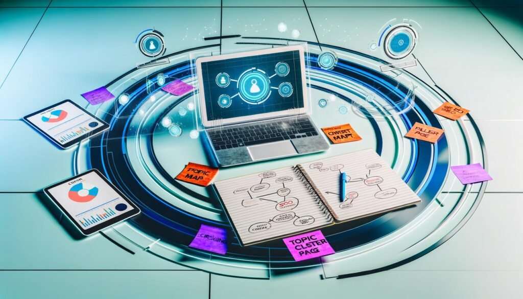 Von oben fotografierter, moderner Schreibtisch mit offenem Laptop (Content-Map-App), handschriftlichen Notizen, bunten Post-Its zu 'Themencluster' und 'Pillar Page', SEO-Statistik auf Tablet und stilisierten KI- sowie Datenanalyse-Icons in blau-türkiser, futuristischer Atmosphäre.