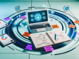 Von oben fotografierter, moderner Schreibtisch mit offenem Laptop (Content-Map-App), handschriftlichen Notizen, bunten Post-Its zu 'Themencluster' und 'Pillar Page', SEO-Statistik auf Tablet und stilisierten KI- sowie Datenanalyse-Icons in blau-türkiser, futuristischer Atmosphäre.