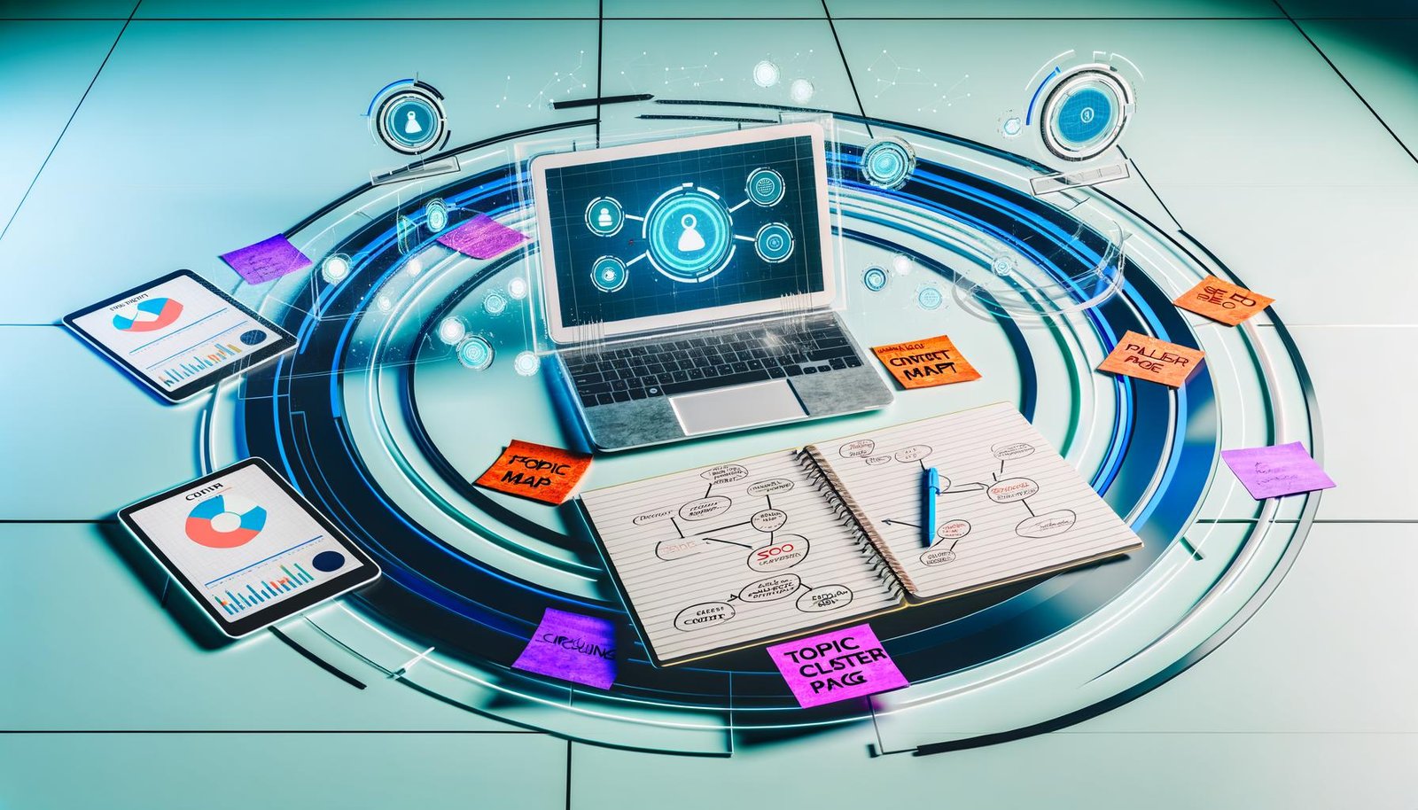 Von oben fotografierter, moderner Schreibtisch mit offenem Laptop (Content-Map-App), handschriftlichen Notizen, bunten Post-Its zu 'Themencluster' und 'Pillar Page', SEO-Statistik auf Tablet und stilisierten KI- sowie Datenanalyse-Icons in blau-türkiser, futuristischer Atmosphäre.
