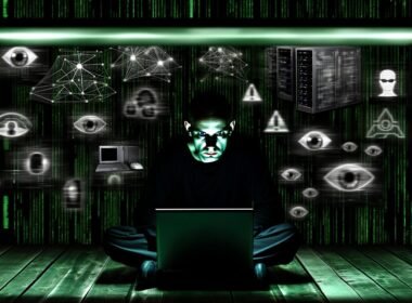 Düstere digitale Szene: Einzelne Person am Laptop, Gesicht von Licht und Schatten geteilt, umgeben von bedrohlichen Symbolen wie Kameras, Servern und KI. Im Hintergrund grüne Code-Muster mit Überwachungsaugen.