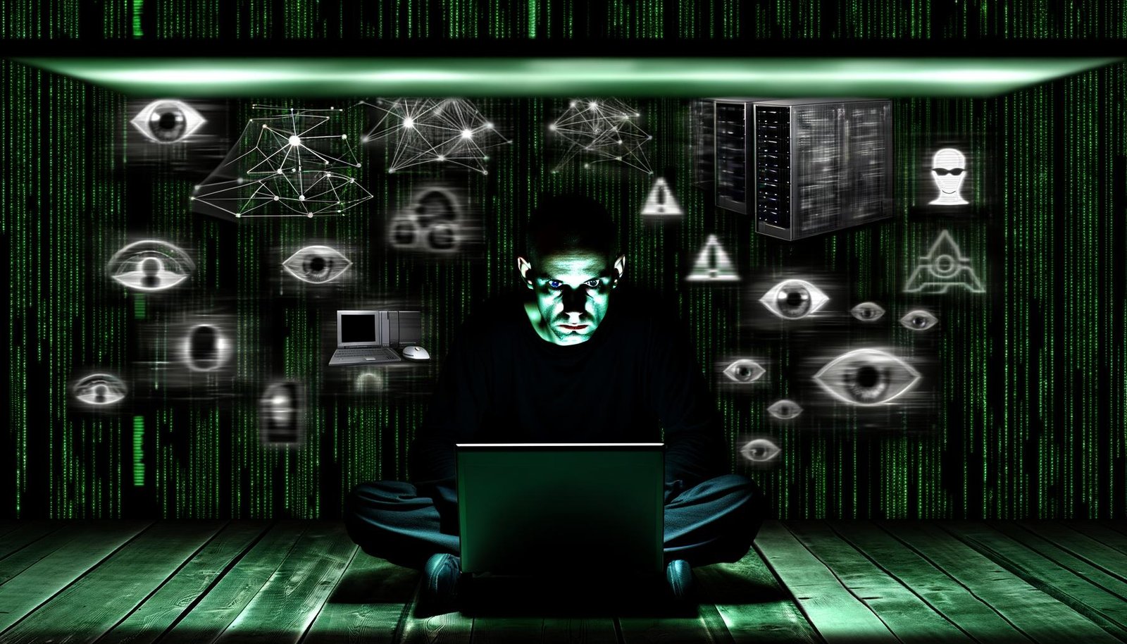 Düstere digitale Szene: Einzelne Person am Laptop, Gesicht von Licht und Schatten geteilt, umgeben von bedrohlichen Symbolen wie Kameras, Servern und KI. Im Hintergrund grüne Code-Muster mit Überwachungsaugen.