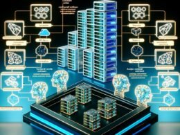 Futuristisches Rechenzentrum mit leuchtenden Server-Racks, Node.js-Kommandozentrale, KI-Schemen und verteilten API-Endpunkten für skalierbare Content-Pipelines.