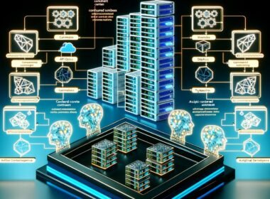 Futuristisches Rechenzentrum mit leuchtenden Server-Racks, Node.js-Kommandozentrale, KI-Schemen und verteilten API-Endpunkten für skalierbare Content-Pipelines.