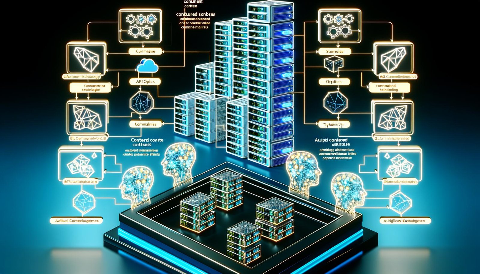 Futuristisches Rechenzentrum mit leuchtenden Server-Racks, Node.js-Kommandozentrale, KI-Schemen und verteilten API-Endpunkten für skalierbare Content-Pipelines.