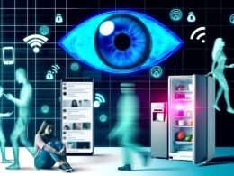 Collage aus digitalen Geräten wie Smartphone, Social Media und WLAN-Kühlschrank, überwacht von einem stilisierten Kamera-Auge; transparente Menschen werden von Datenströmen umflossen.