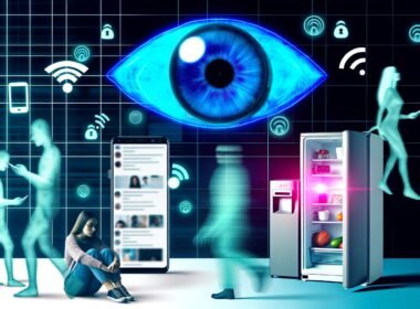 Collage aus digitalen Geräten wie Smartphone, Social Media und WLAN-Kühlschrank, überwacht von einem stilisierten Kamera-Auge; transparente Menschen werden von Datenströmen umflossen.