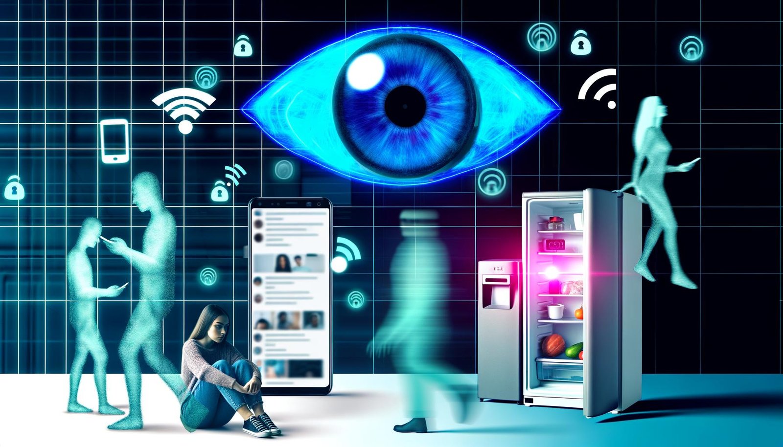 Collage aus digitalen Geräten wie Smartphone, Social Media und WLAN-Kühlschrank, überwacht von einem stilisierten Kamera-Auge; transparente Menschen werden von Datenströmen umflossen.