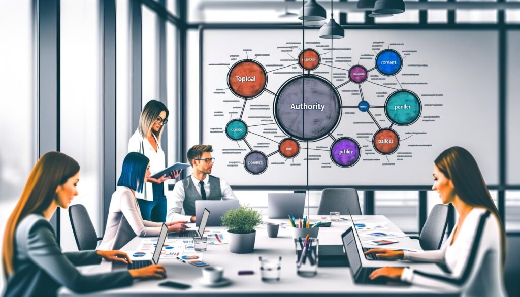 Online-Marketing-Team im lichtdurchfluteten Büro analysiert an Laptops und Whiteboard ein detailliertes Topical Authority Framework mit Clustern und internen Verlinkungen.