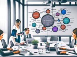 Online-Marketing-Team im lichtdurchfluteten Büro analysiert an Laptops und Whiteboard ein detailliertes Topical Authority Framework mit Clustern und internen Verlinkungen.
