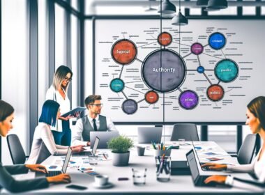 Online-Marketing-Team im lichtdurchfluteten Büro analysiert an Laptops und Whiteboard ein detailliertes Topical Authority Framework mit Clustern und internen Verlinkungen.