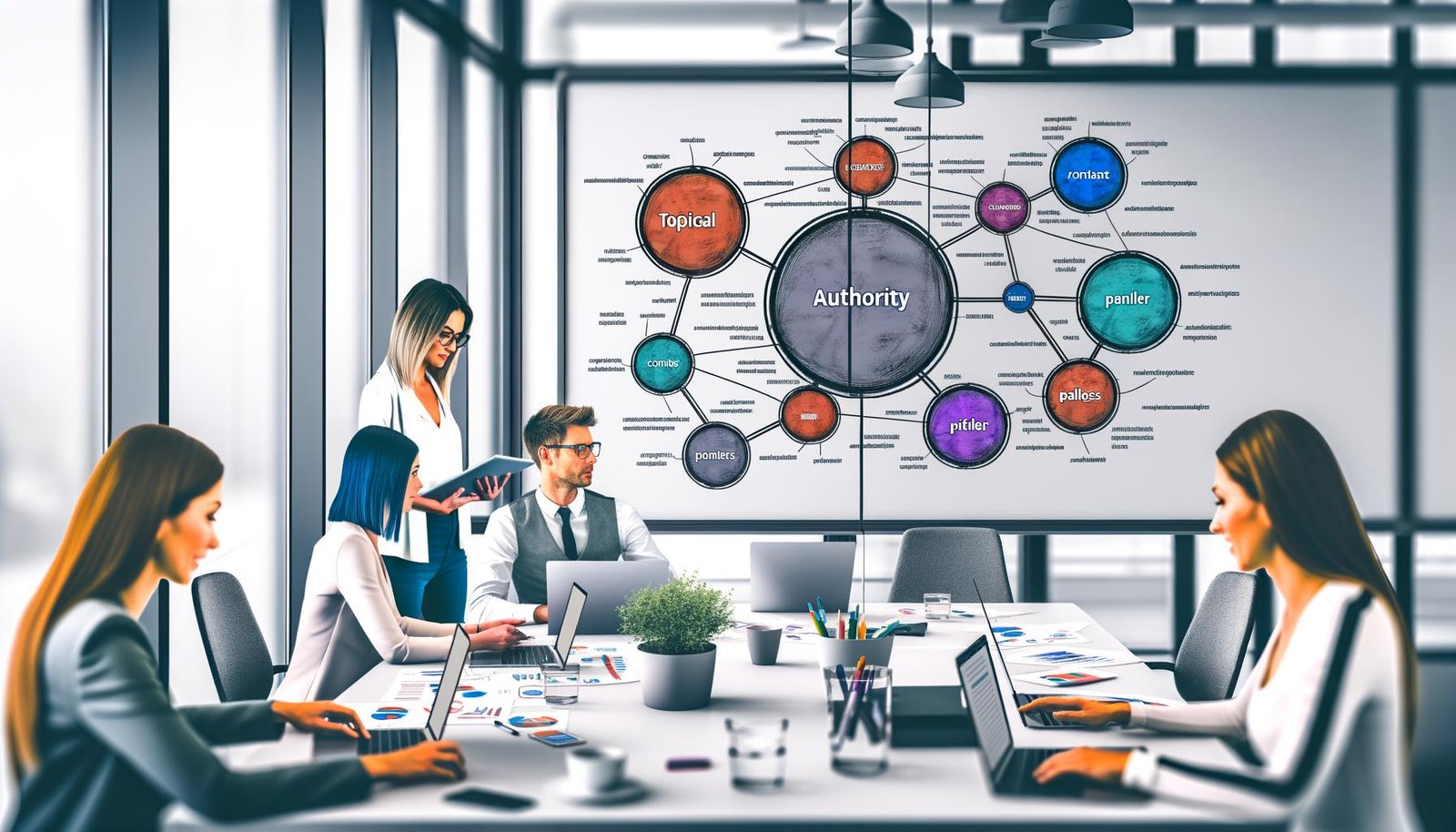Online-Marketing-Team im lichtdurchfluteten Büro analysiert an Laptops und Whiteboard ein detailliertes Topical Authority Framework mit Clustern und internen Verlinkungen.