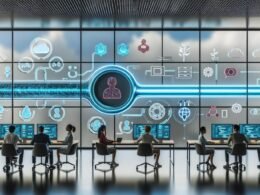 Futuristisches Büro mit Glaswänden, Tech-Profis, KI-Icons, Schnittstellen- und Cloud-Symbolen sowie digitalem Pipeline-Visual für automatisierte Inhalte.