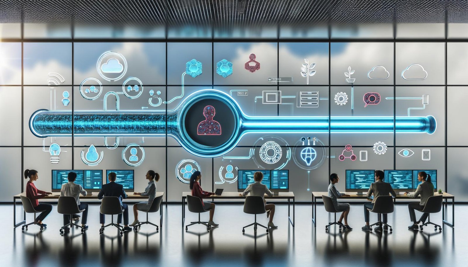 Futuristisches Büro mit Glaswänden, Tech-Profis, KI-Icons, Schnittstellen- und Cloud-Symbolen sowie digitalem Pipeline-Visual für automatisierte Inhalte.