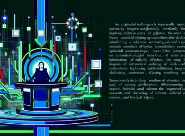 Magazincover mit digitalem Experten an einem Kontrollzentrum, umgeben von leuchtenden Themenclustern, Datenlinien und modernen SEO-Elementen vor einem schematischen Google-Algorithmus im Hintergrund.