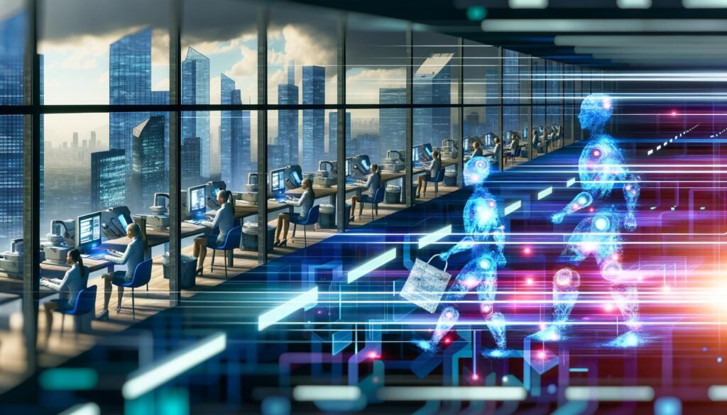 Futuristische Stadt mit Hochhäusern, Menschen an digitalen Arbeitsstationen, humanoiden Robotern und visualisierten KI-Algorithmen, die produktiv zusammenarbeiten.